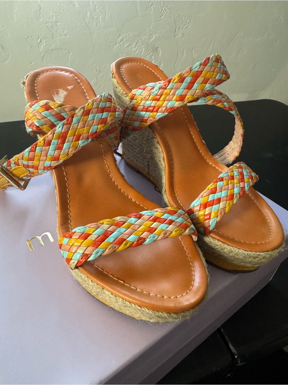 Madden Girl Multicolor Braided Espadrille Wedge Sandals - Orange, Yellow, Blue